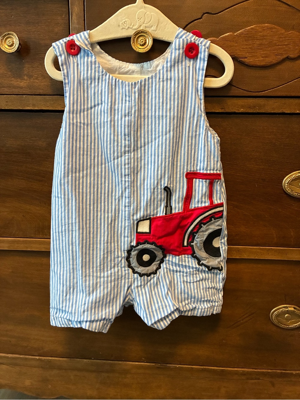 Boys Blue Stripe Tractor Appliqué Romper